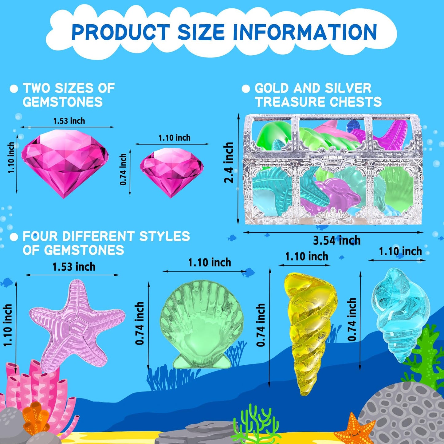 Thuodo 24pcs Diving Gems Pool Toys – Colorful Diamonds with Pirate Treasure Chest for Kids