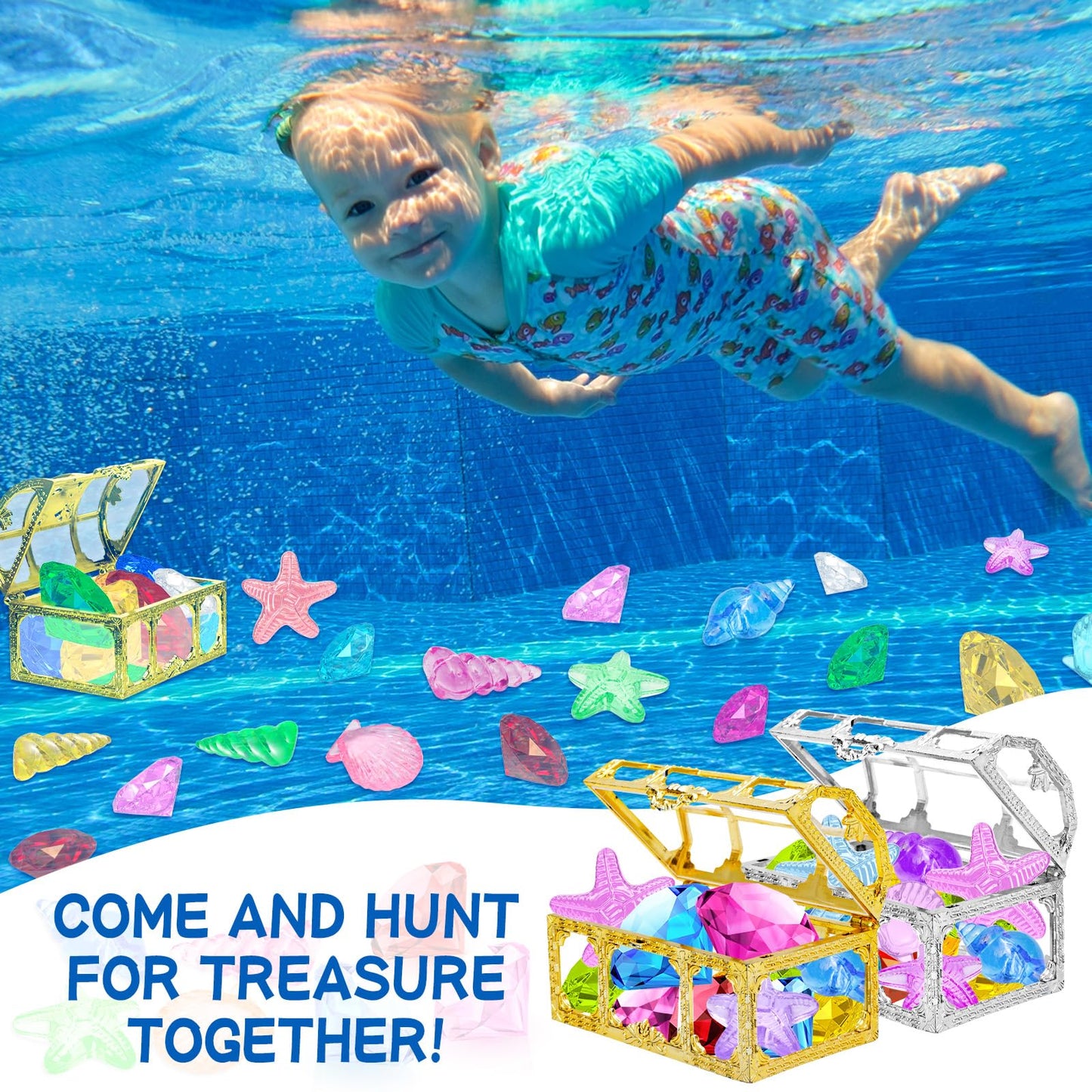 Thuodo 24pcs Diving Gems Pool Toys – Colorful Diamonds with Pirate Treasure Chest for Kids