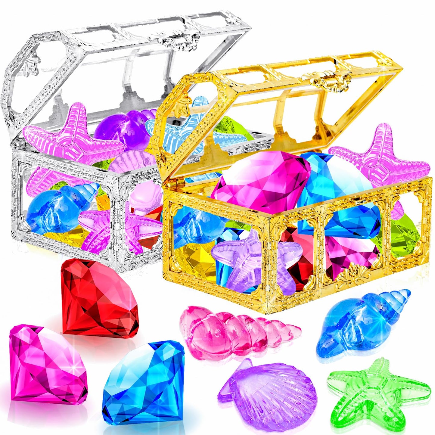 Thuodo 24pcs Diving Gems Pool Toys – Colorful Diamonds with Pirate Treasure Chest for Kids