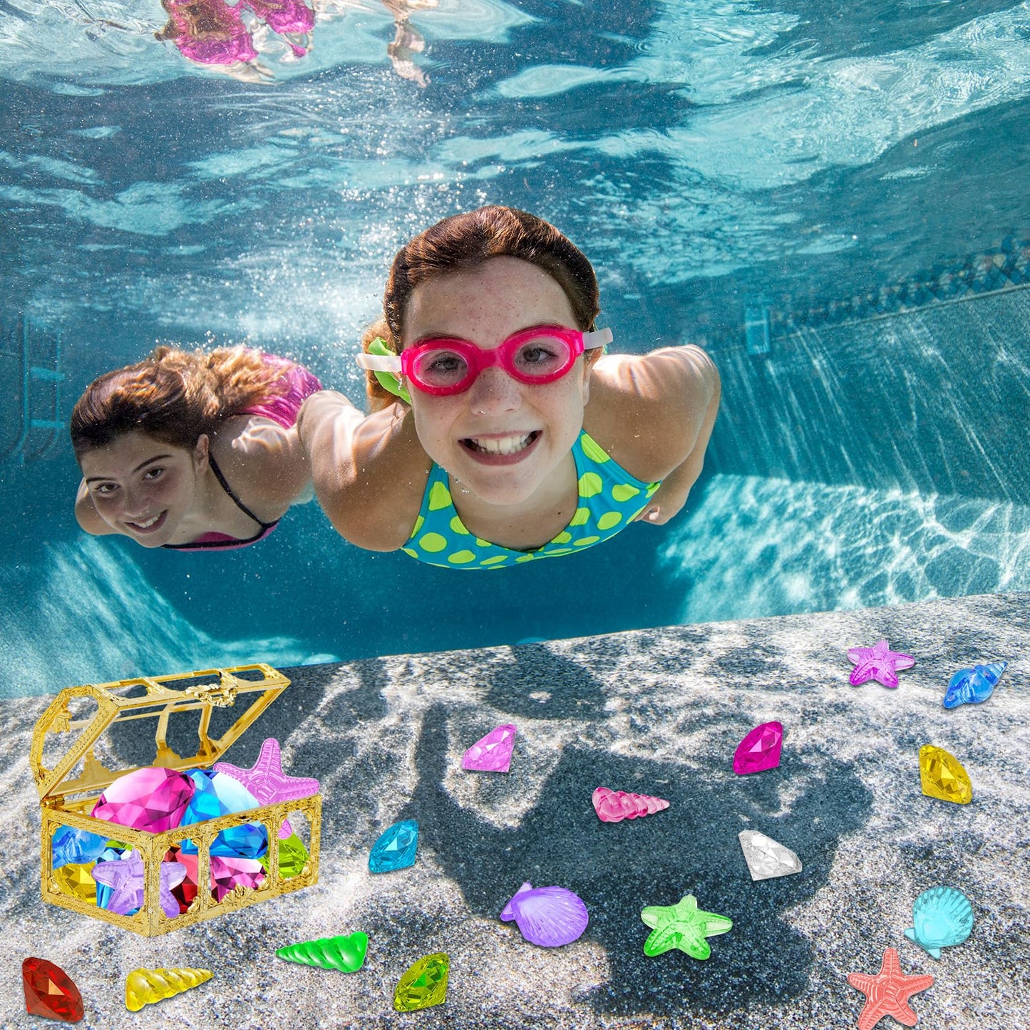 Thuodo 24pcs Diving Gems Pool Toys – Colorful Diamonds with Pirate Treasure Chest for Kids
