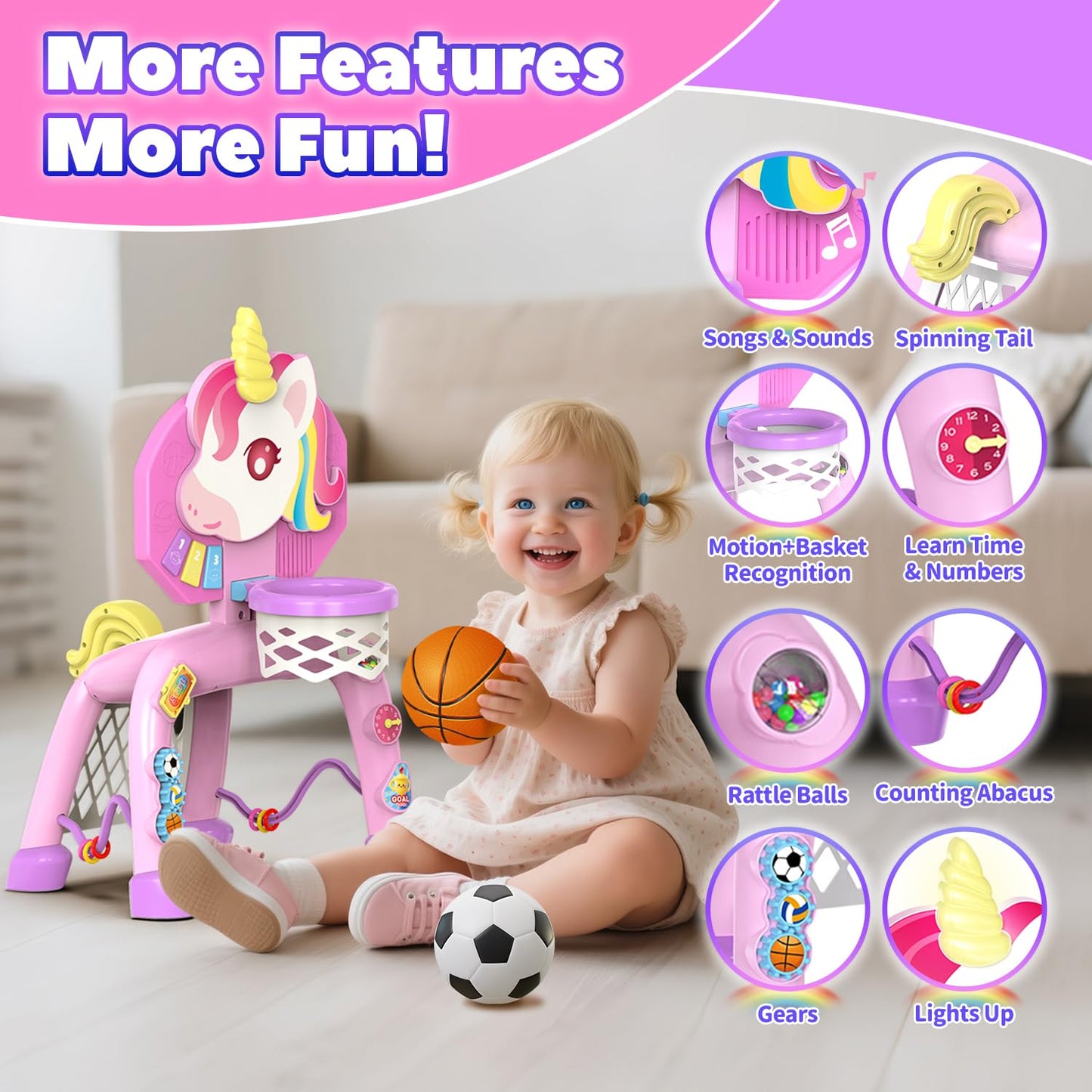 Thusine 2-in-1 Toddler Basketball Hoop & Soccer Goal – Lights, Music & Gift for Ages 12-36 Months