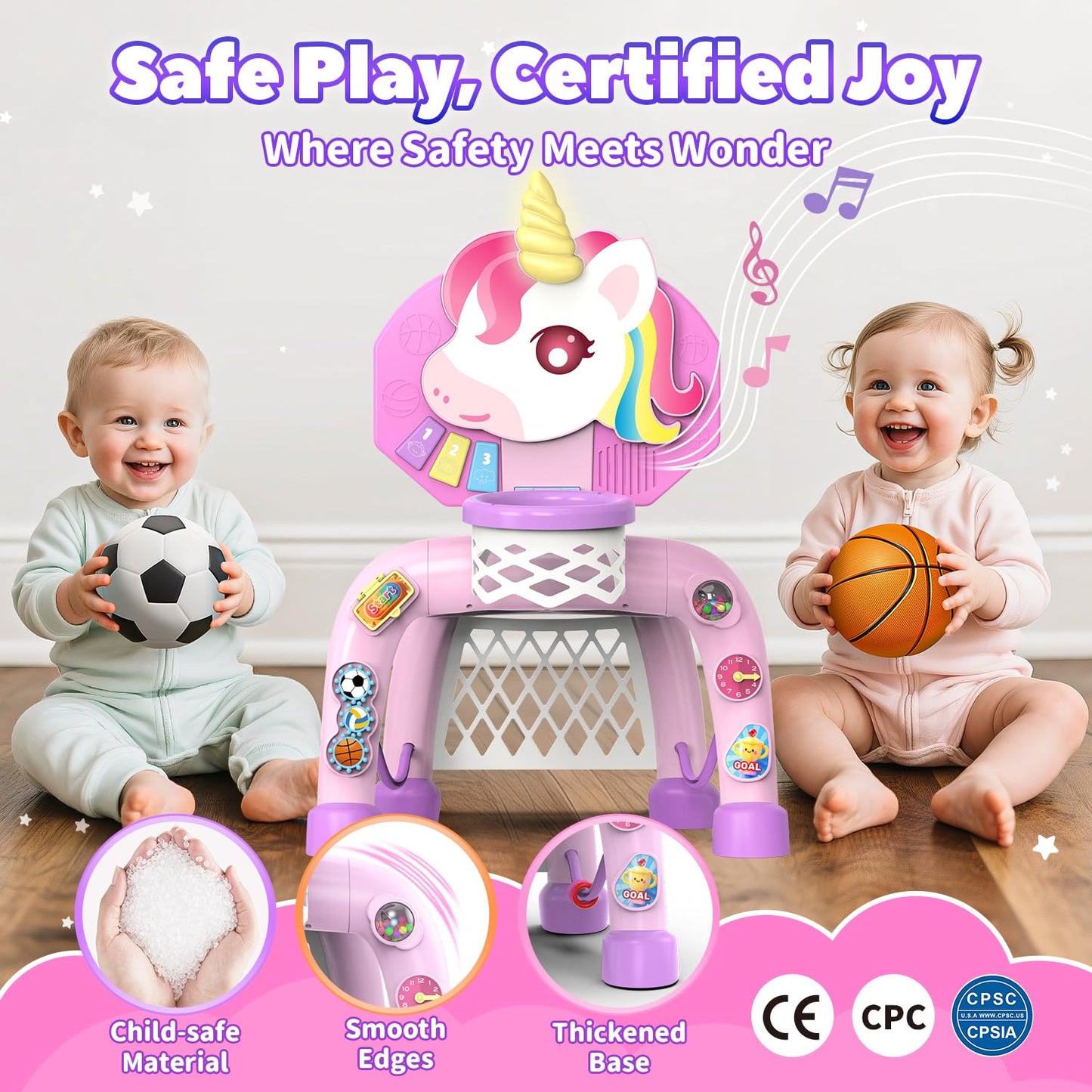 Thusine 2-in-1 Toddler Basketball Hoop & Soccer Goal – Lights, Music & Gift for Ages 12-36 Months