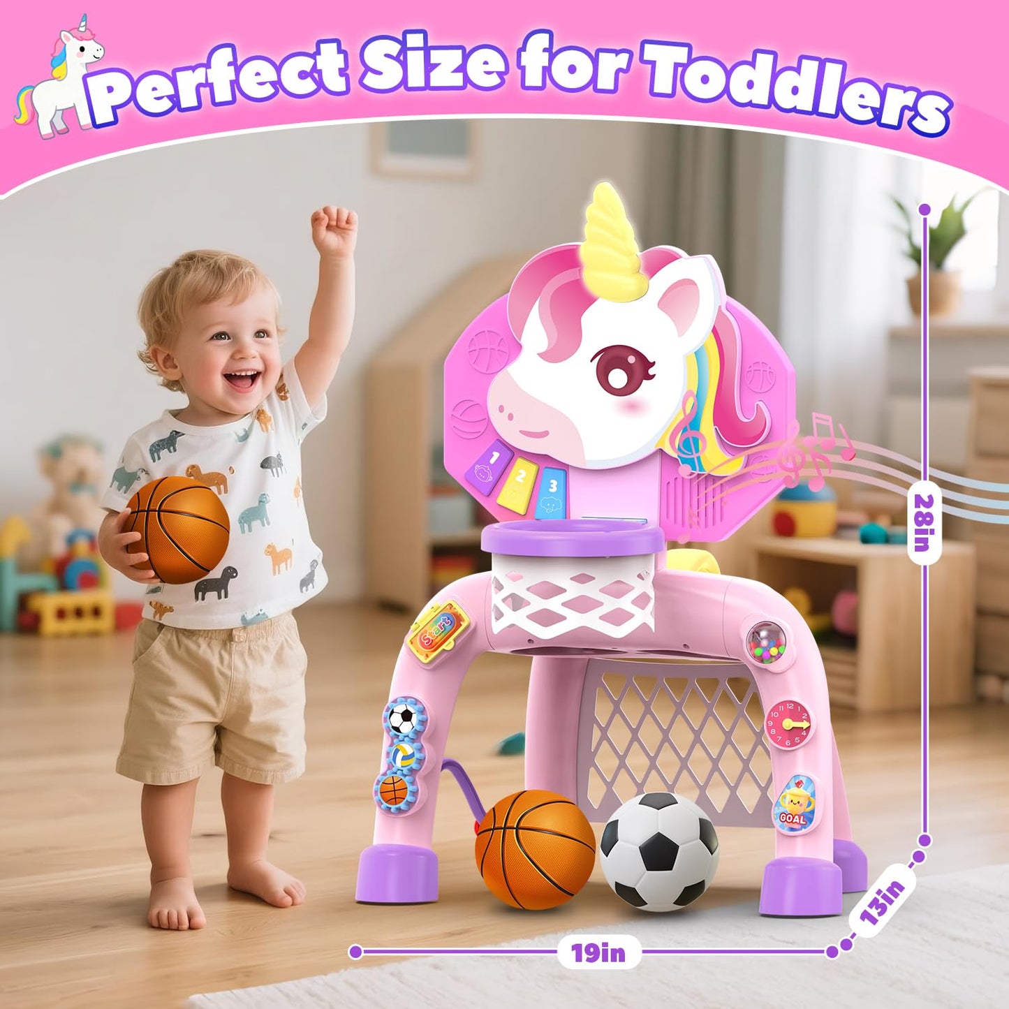 Thusine 2-in-1 Toddler Basketball Hoop & Soccer Goal – Lights, Music & Gift for Ages 12-36 Months