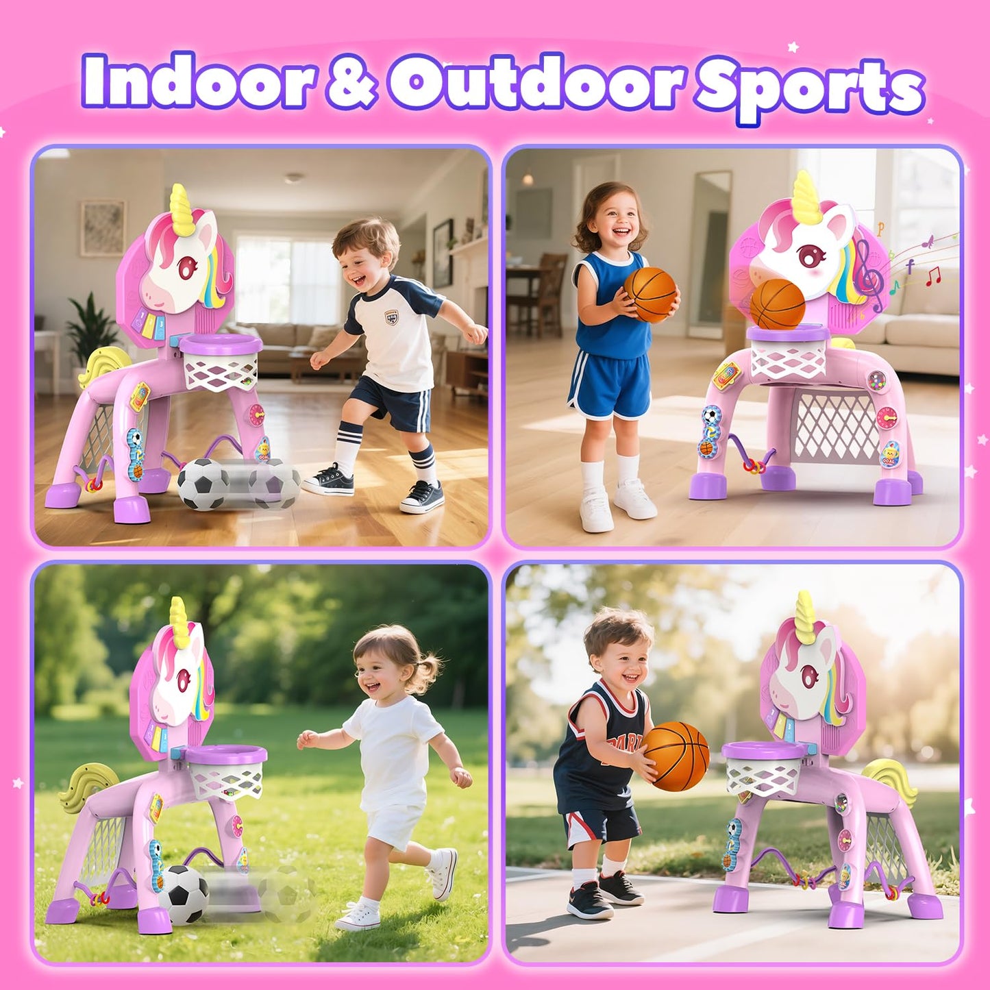 Thusine 2-in-1 Toddler Basketball Hoop & Soccer Goal – Lights, Music & Gift for Ages 12-36 Months
