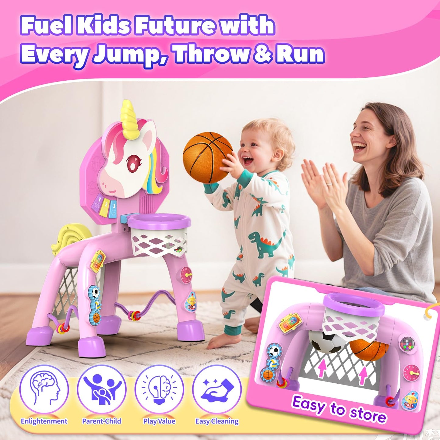 Thusine 2-in-1 Toddler Basketball Hoop & Soccer Goal – Lights, Music & Gift for Ages 12-36 Months