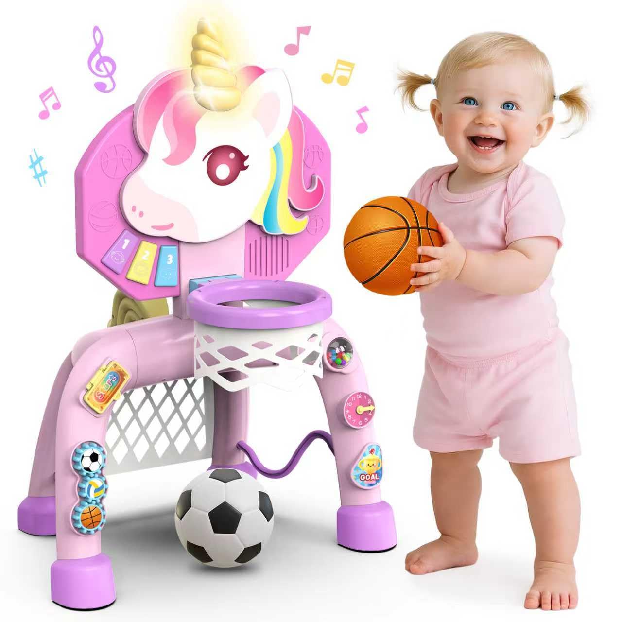 Thusine 2-in-1 Toddler Basketball Hoop & Soccer Goal – Lights, Music & Gift for Ages 12-36 Months