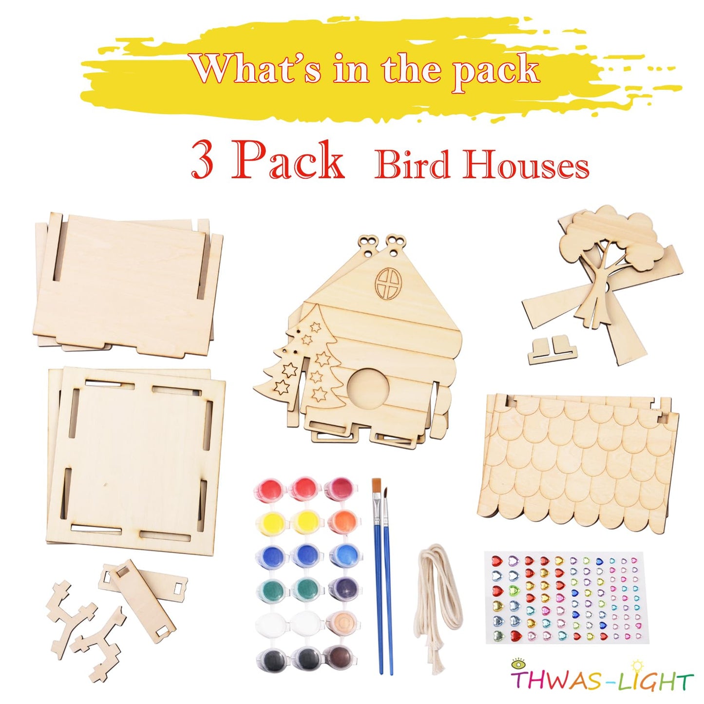 THWAS-LIGHT 3-Pack Bird House Craft Kit for Kids 8-12 | DIY Wooden Arts & Crafts