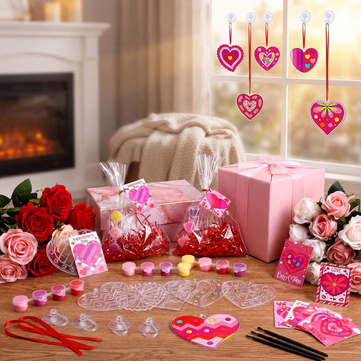 Thyle 24-Piece Valentine’s Day Kids Craft Kit | Heart Suncatchers & Paint Set