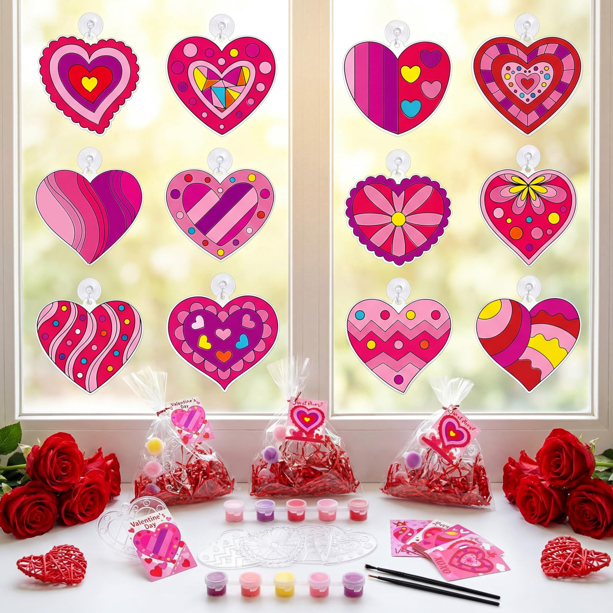 Thyle 24-Piece Valentine’s Day Kids Craft Kit | Heart Suncatchers & Paint Set