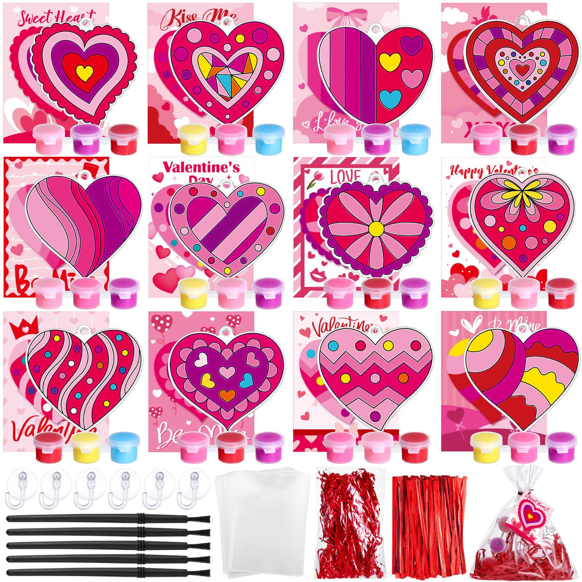 Thyle 24-Piece Valentine’s Day Kids Craft Kit | Heart Suncatchers & Paint Set
