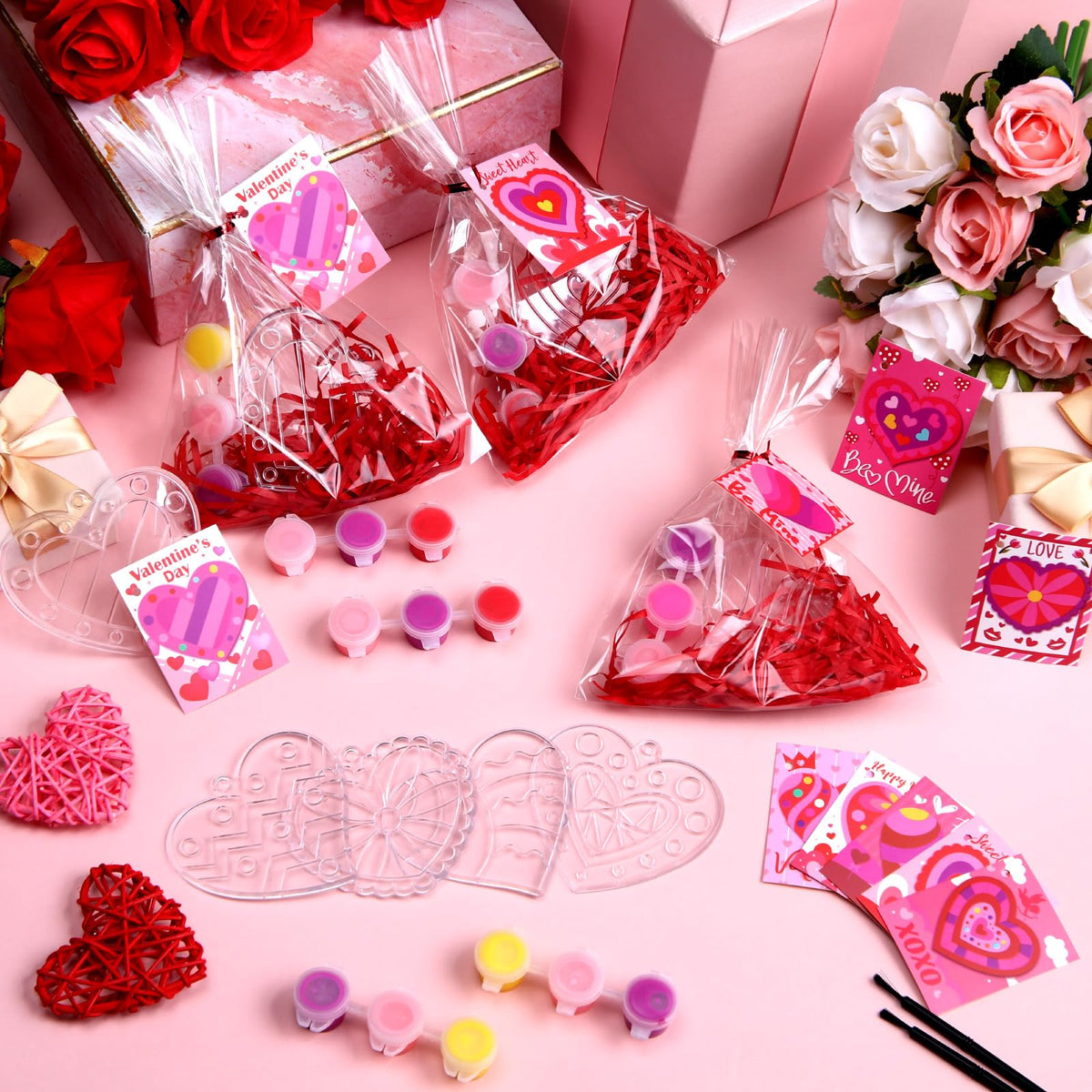 Thyle 24-Piece Valentine’s Day Kids Craft Kit | Heart Suncatchers & Paint Set