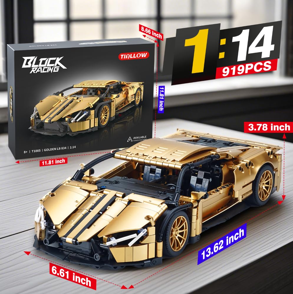 TIALLOW Sports Car Building Set 1:14 – Gold Racing Car Model Kit for Adults (919 Pieces)