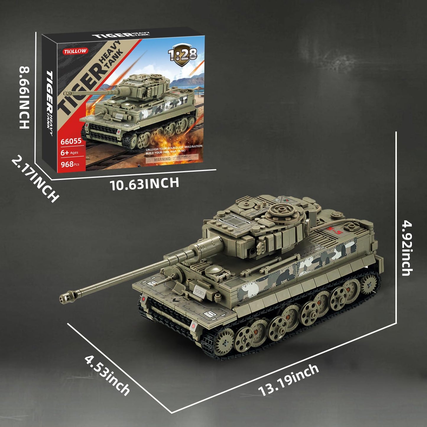 TIALLOW WW2 Tiger Tank 1:28 Building Set – LEGO Compatible Army Model Kit (Taupe)