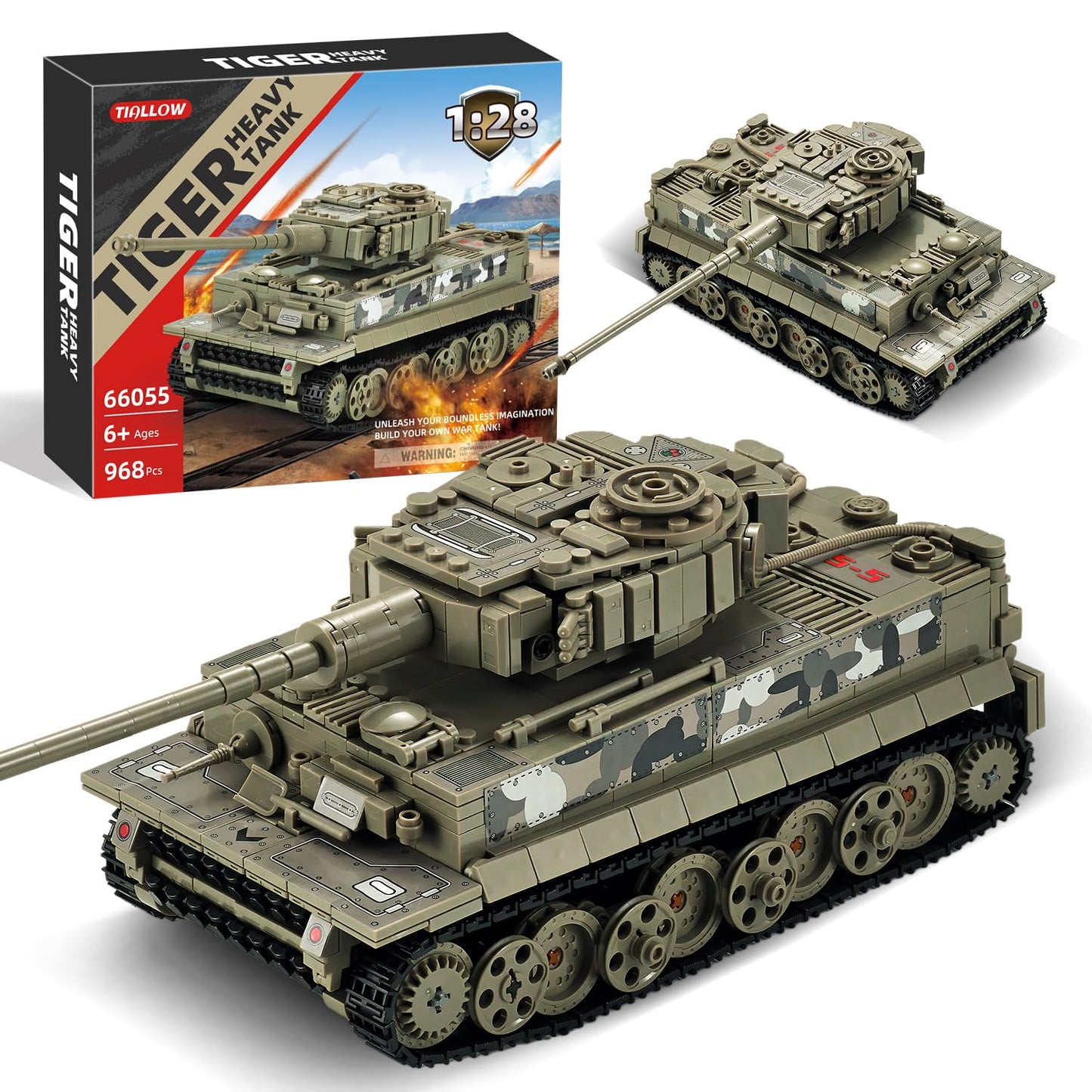 TIALLOW WW2 Tiger Tank 1:28 Building Set – LEGO Compatible Army Model Kit (Taupe)