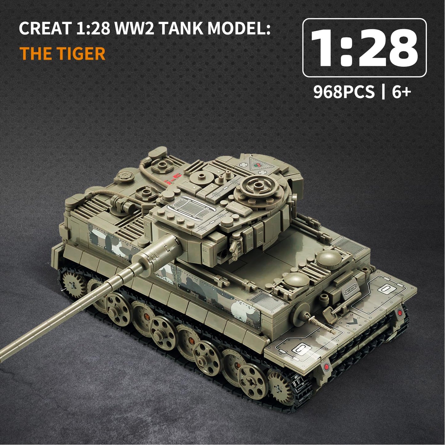 TIALLOW WW2 Tiger Tank 1:28 Building Set – LEGO Compatible Army Model Kit (Taupe)