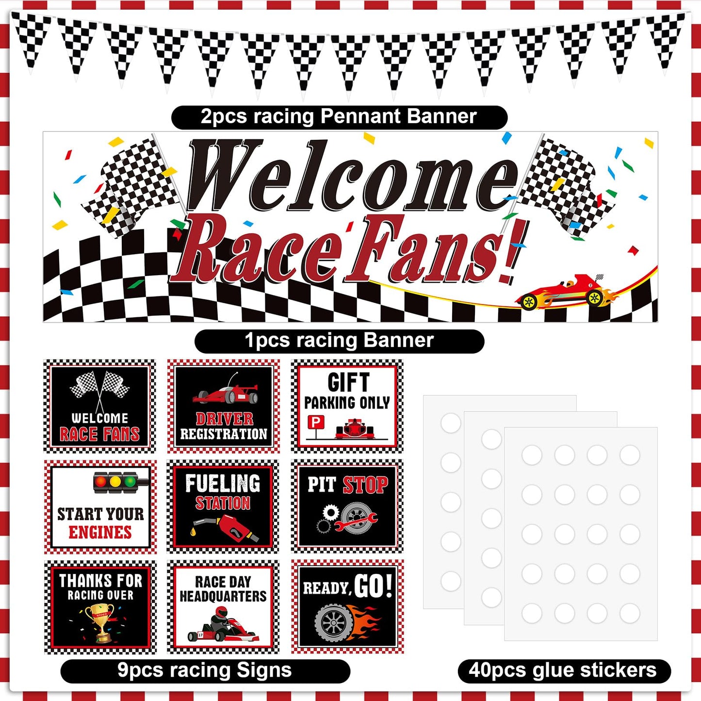Tiamon Racing Car Party Decorations Set — 9 Signs, 2 Checkered Flags, Welcome Banner | Race Car Birthday Supplies