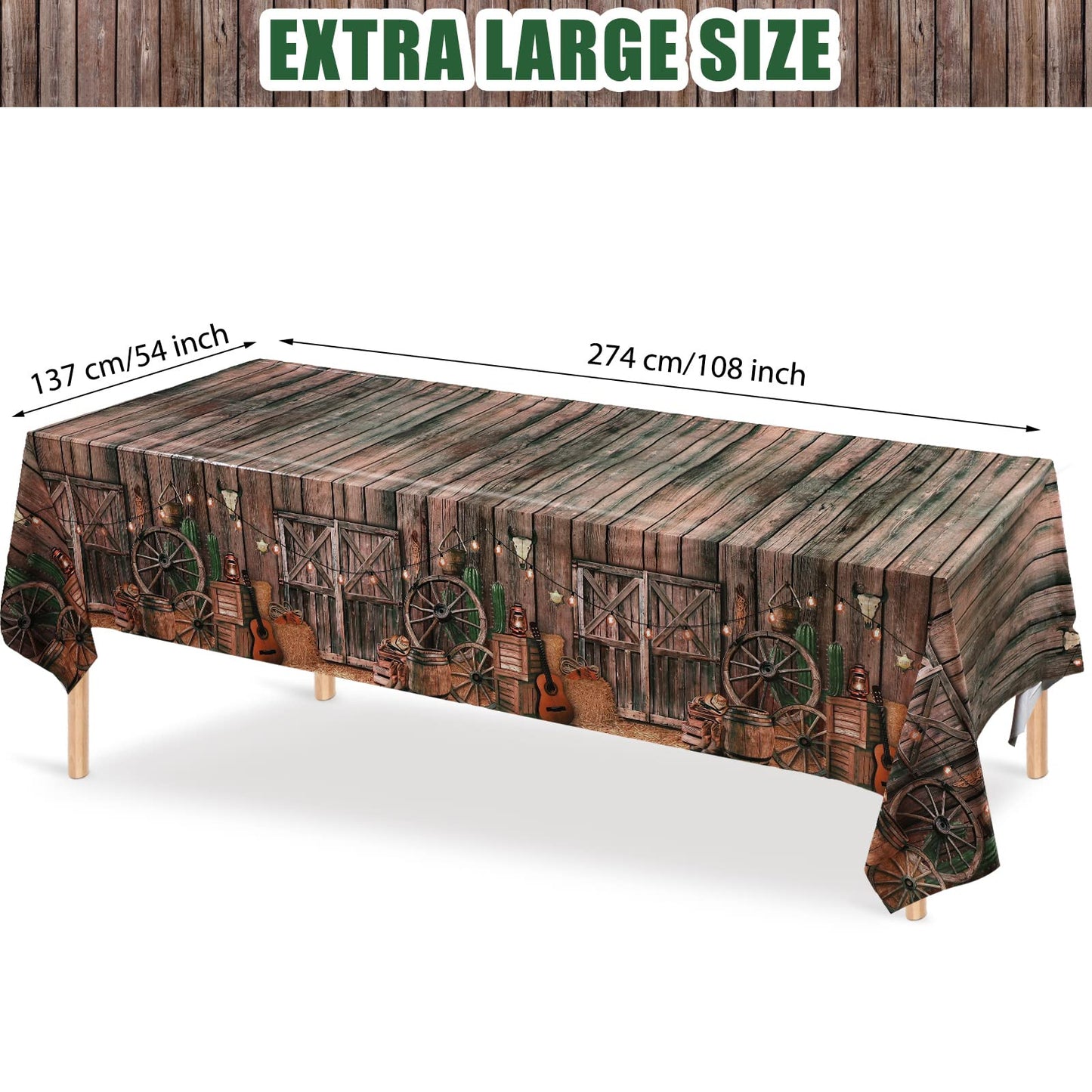Tiamon 3-Pcs Western Party Tablecloth Set — Waterproof Cowboy Theme Table Covers 137 x 274 cm (54 x 108 in)