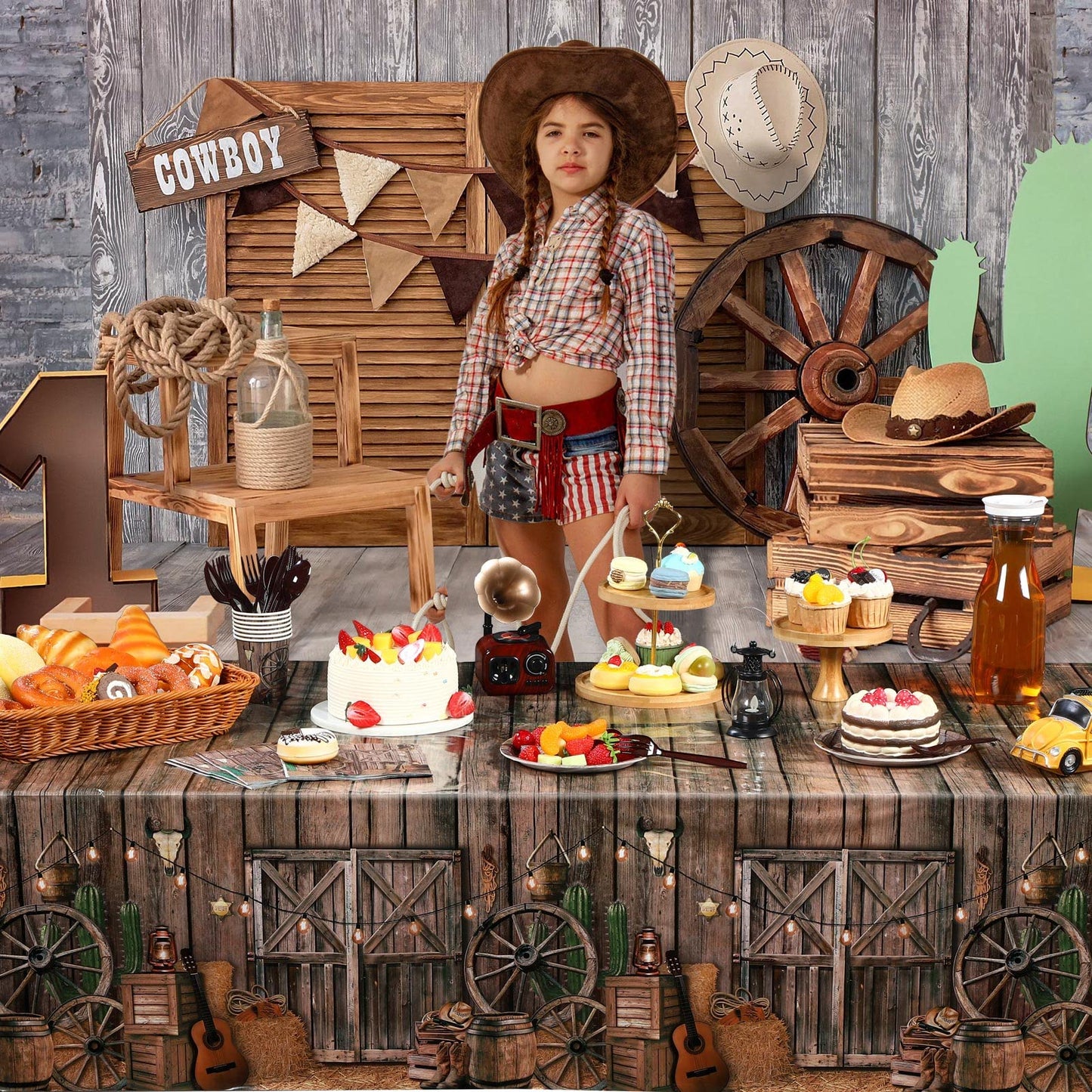 Tiamon 3-Pcs Western Party Tablecloth Set — Waterproof Cowboy Theme Table Covers 137 x 274 cm (54 x 108 in)