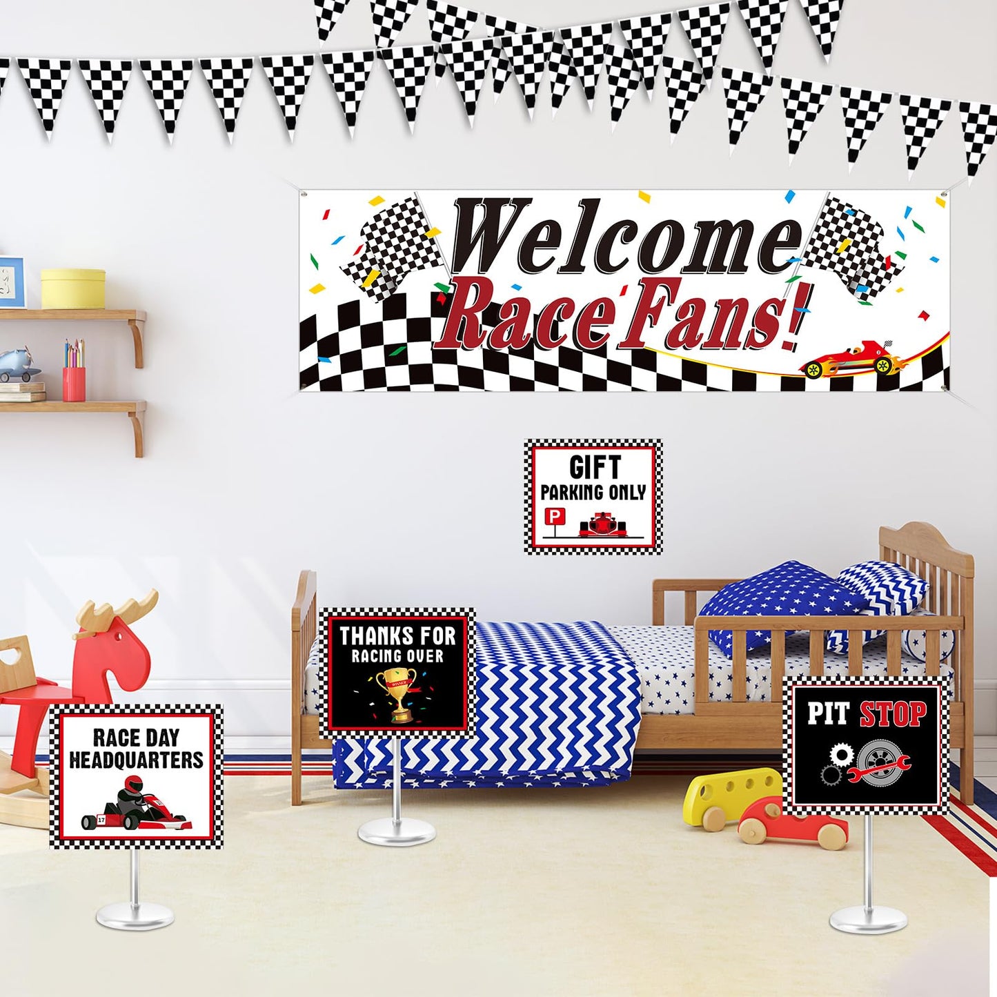 Tiamon Racing Car Party Decorations Set — 9 Signs, 2 Checkered Flags, Welcome Banner | Race Car Birthday Supplies