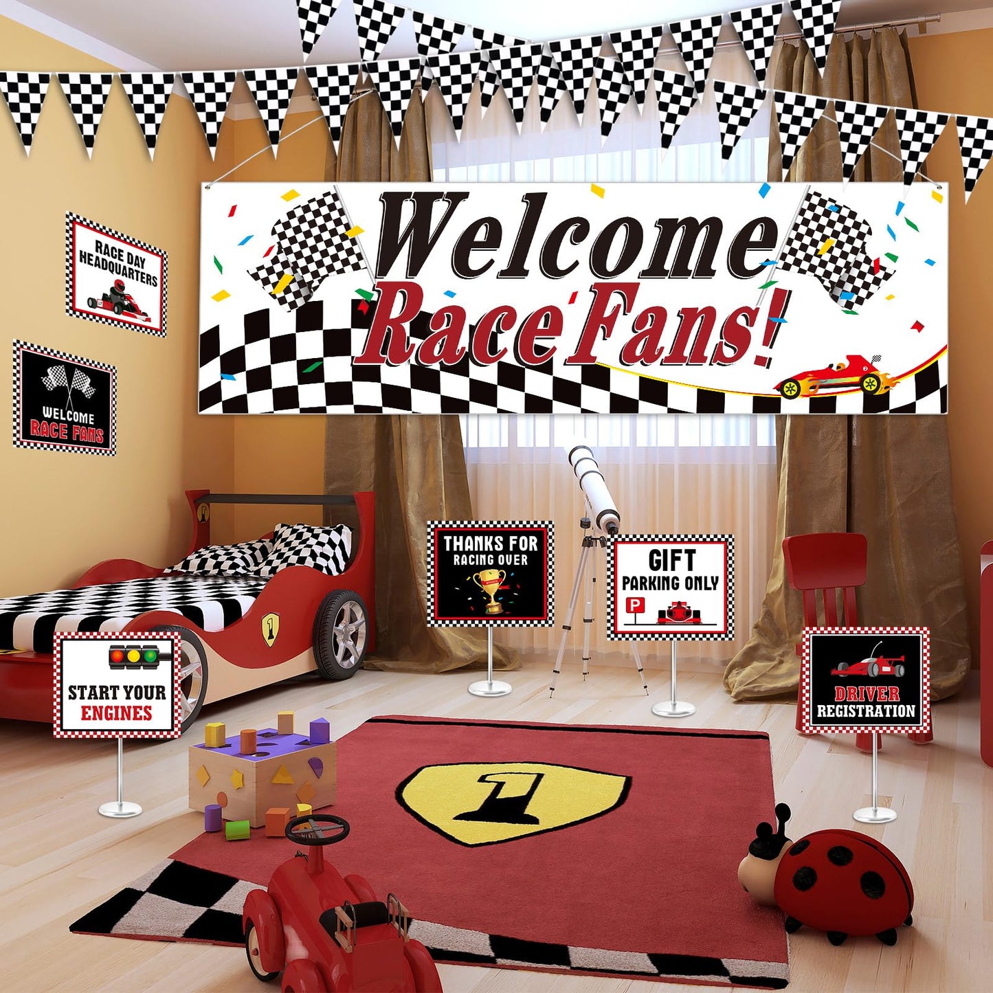 Tiamon Racing Car Party Decorations Set — 9 Signs, 2 Checkered Flags, Welcome Banner | Race Car Birthday Supplies