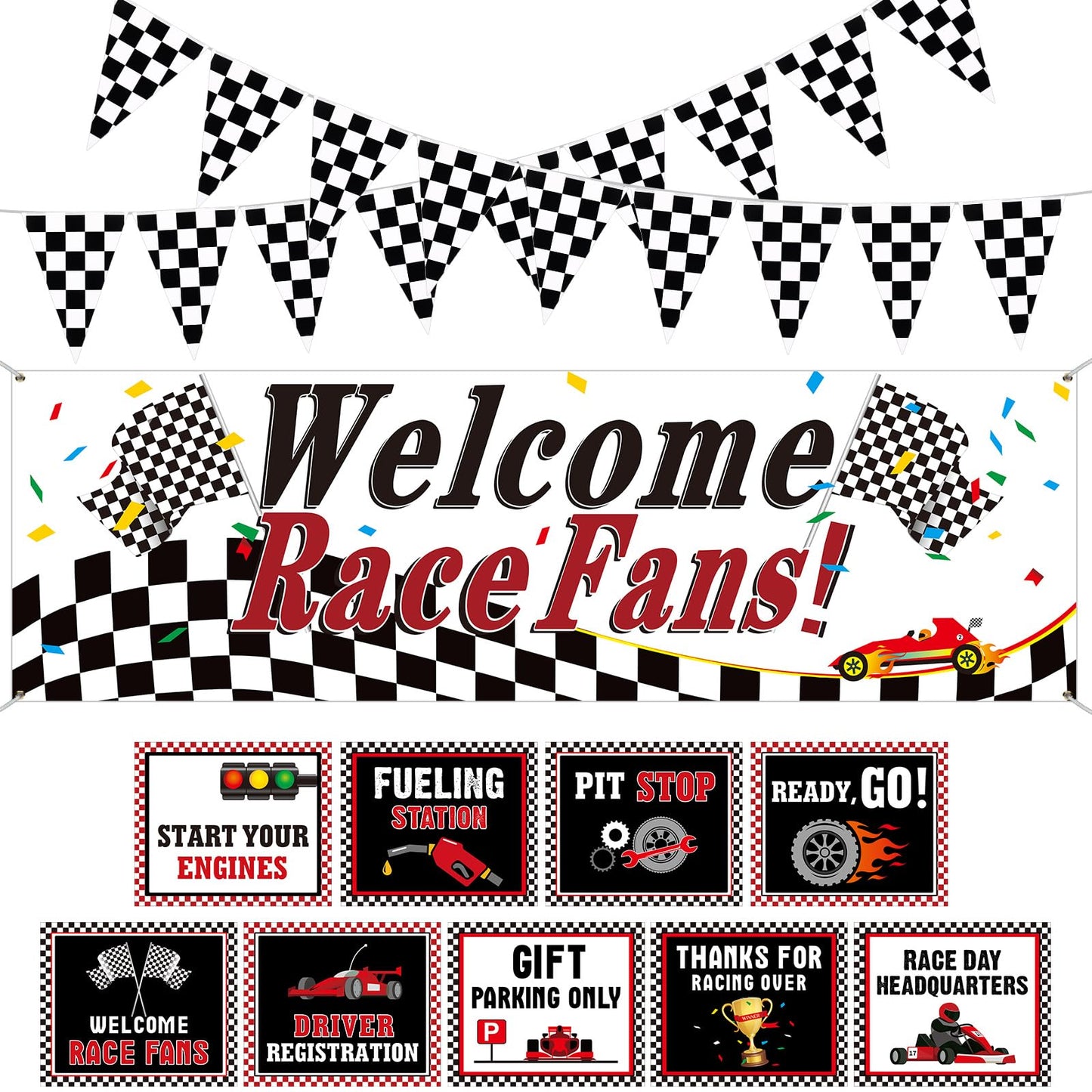Tiamon Racing Car Party Decorations Set — 9 Signs, 2 Checkered Flags, Welcome Banner | Race Car Birthday Supplies