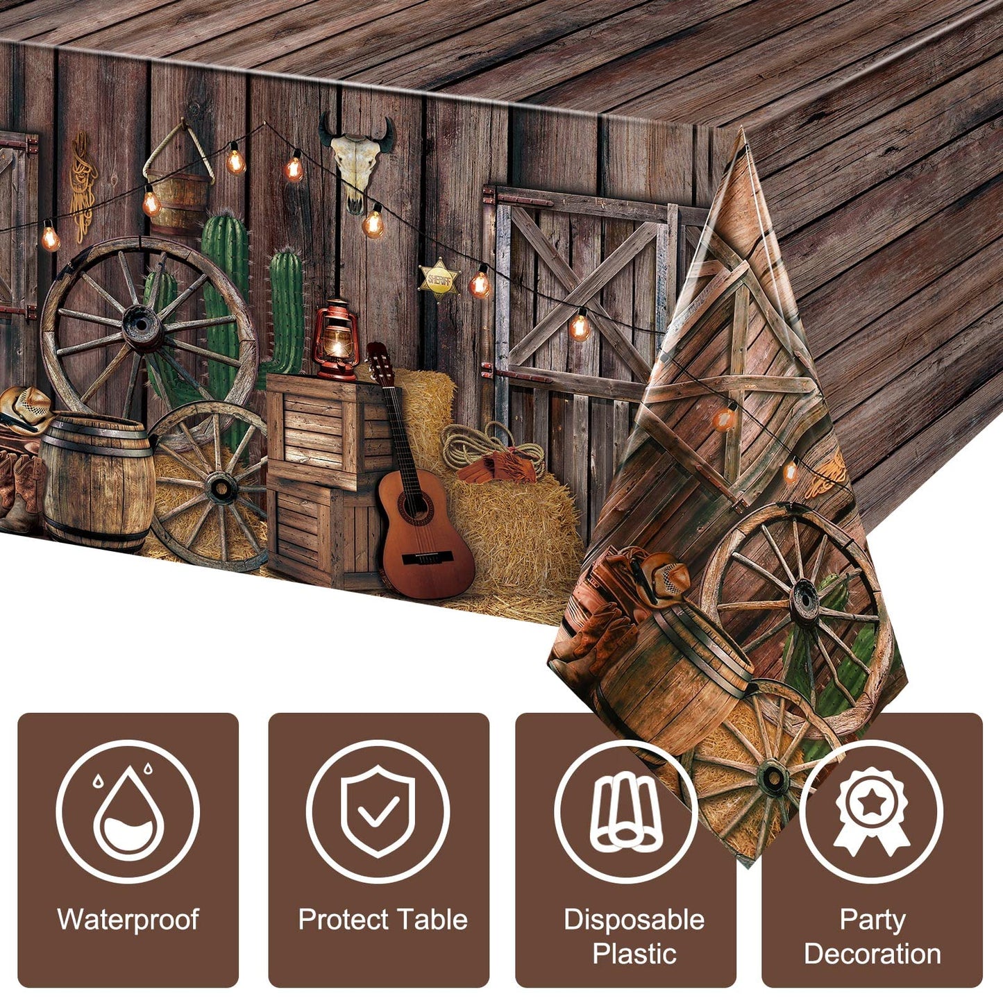 Tiamon 3-Pcs Western Party Tablecloth Set — Waterproof Cowboy Theme Table Covers 137 x 274 cm (54 x 108 in)