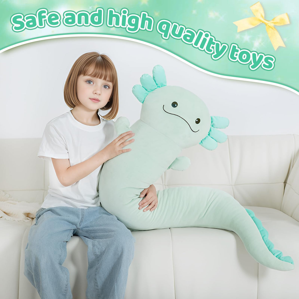 Tianmihou 48-Inch Giant Axolotl Plush – Glow-in-the-Dark Light Green 120cm Jumbo Stuffy