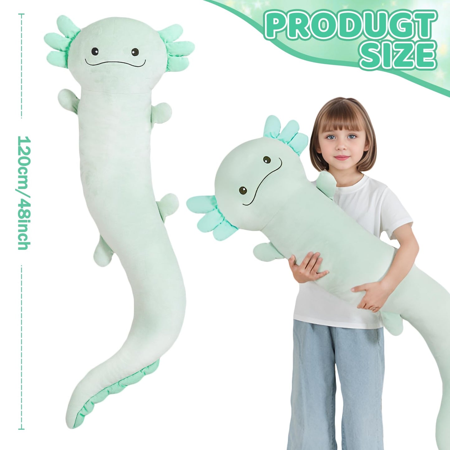 Tianmihou 48-Inch Giant Axolotl Plush – Glow-in-the-Dark Light Green 120cm Jumbo Stuffy