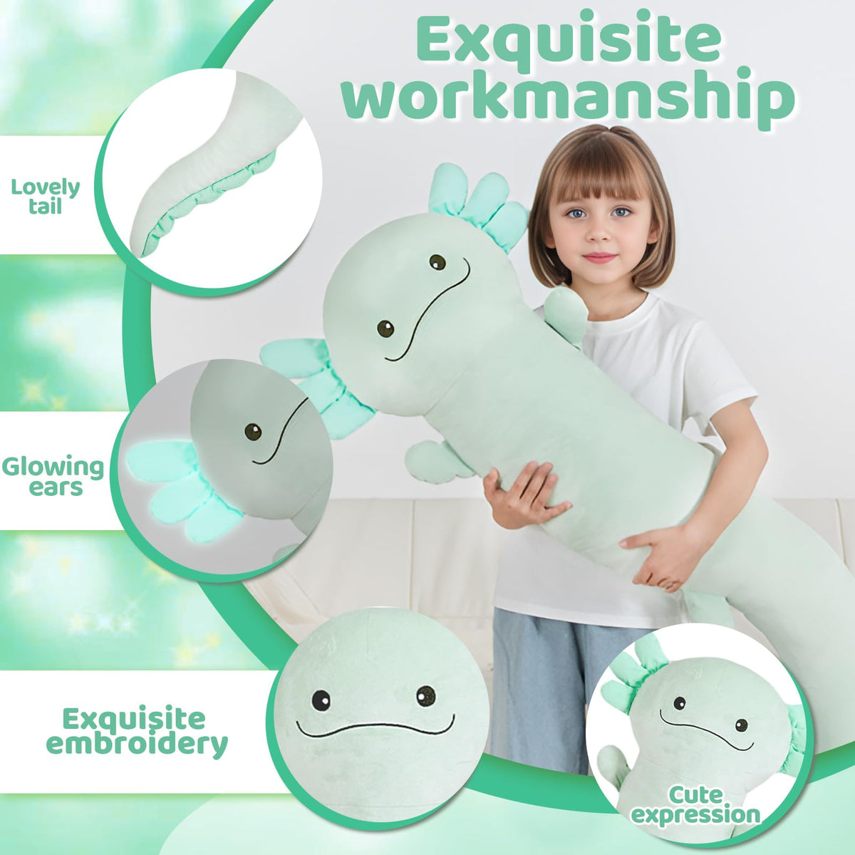 Tianmihou 48-Inch Giant Axolotl Plush – Glow-in-the-Dark Light Green 120cm Jumbo Stuffy