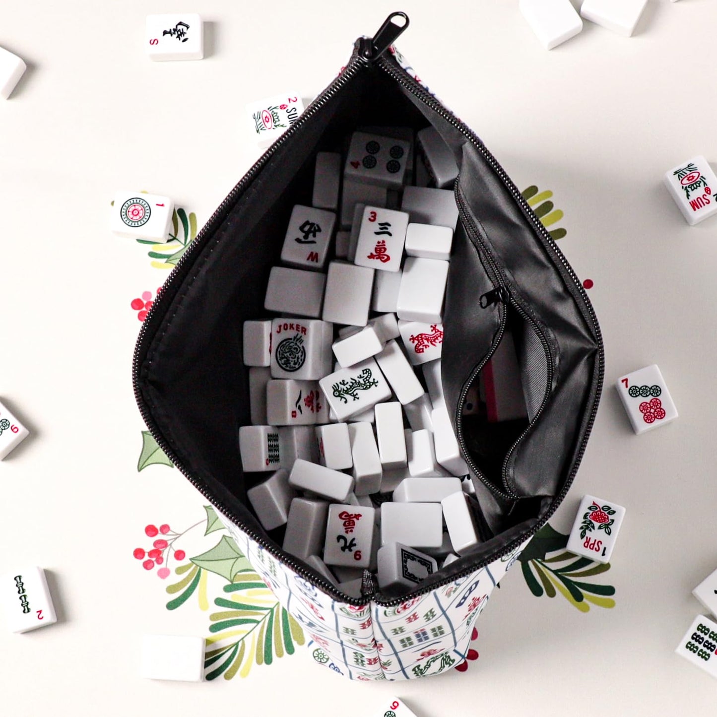 TIASUSAN American Mahjong Empty Bag – White Printed Tile Case (13x7 in)