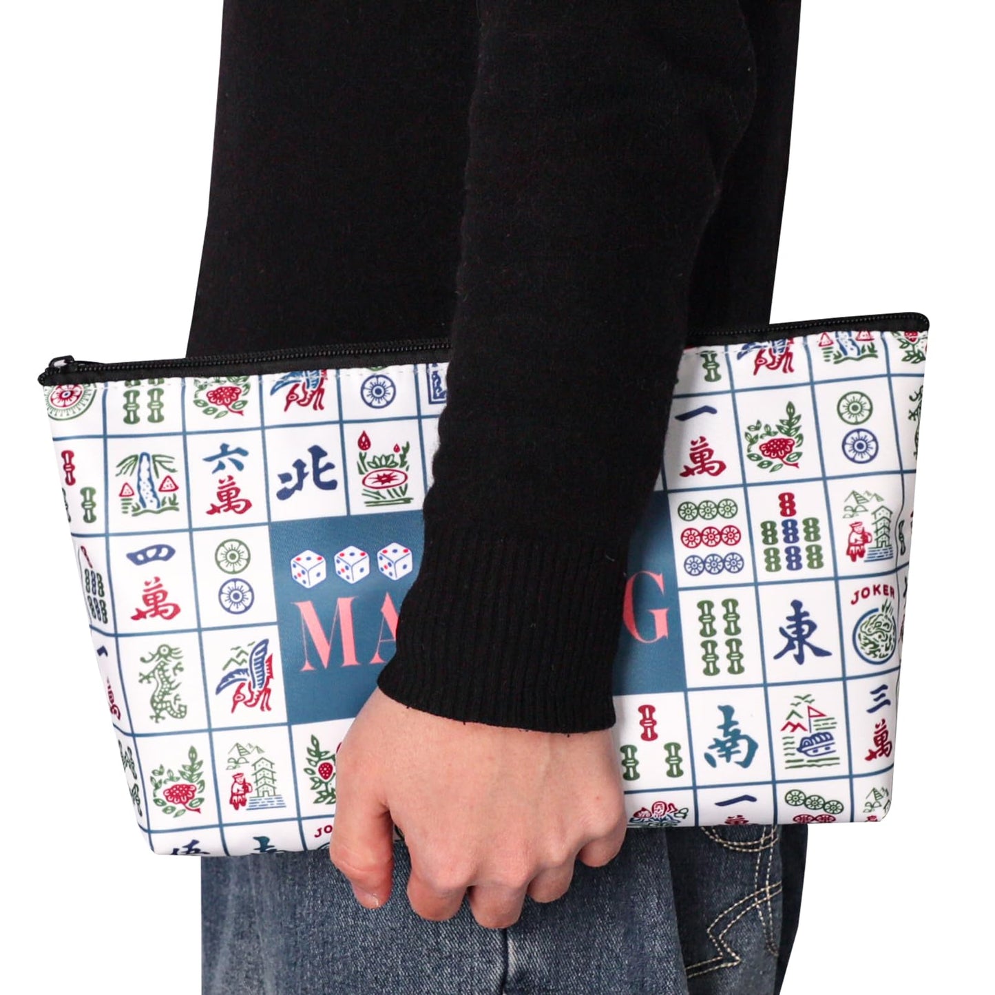 TIASUSAN American Mahjong Empty Bag – White Printed Tile Case (13x7 in)