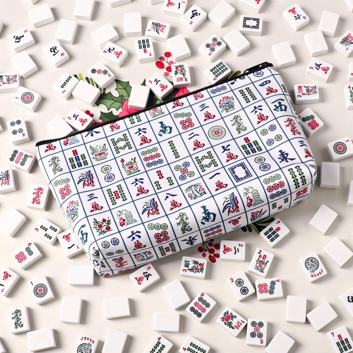 TIASUSAN American Mahjong Empty Bag – White Printed Tile Case (13x7 in)