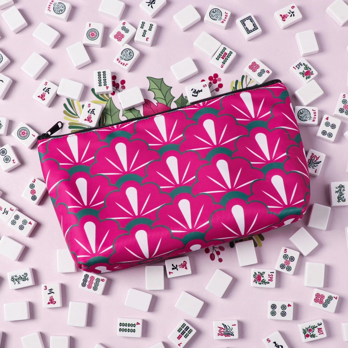TIASUSAN American Mahjong Empty Bag - Red Printed Tile Case (13 x 7 Inches)