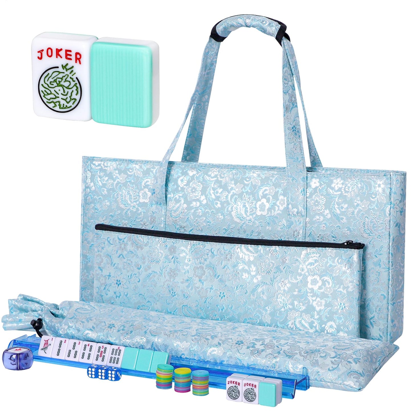 TIASUSAN American Mahjong Game Set – 166 Light Green Tiles, Blue Bag, 4 Racks & Pushers