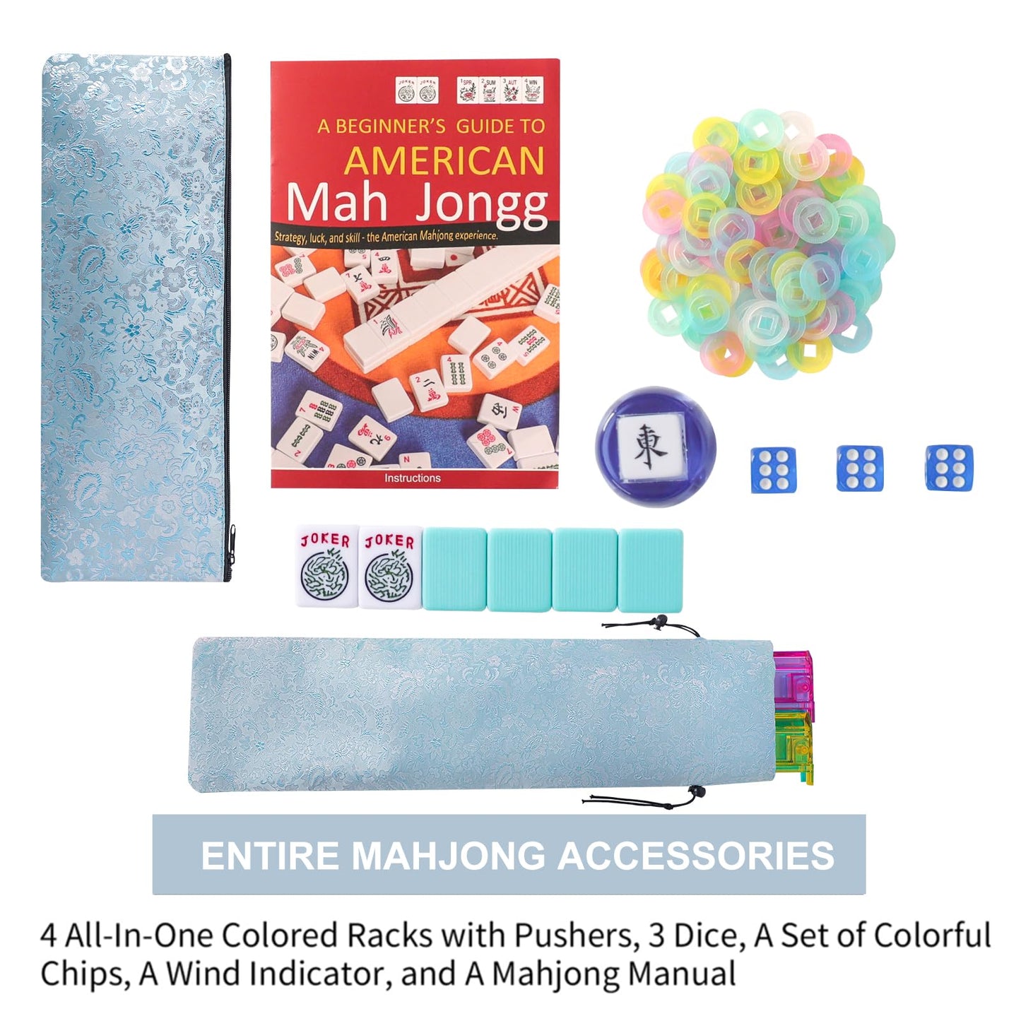 TIASUSAN American Mahjong Game Set – 166 Light Green Tiles, Blue Bag, 4 Racks & Pushers