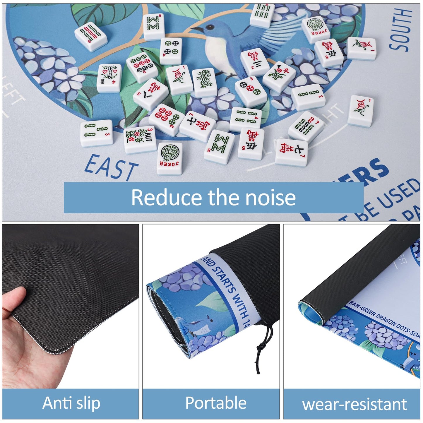 TIASUSAN Blue Mahjong Learning Mat 33x33 Inches – Anti-Slip, Noise-Reducing, Carry Bag Included