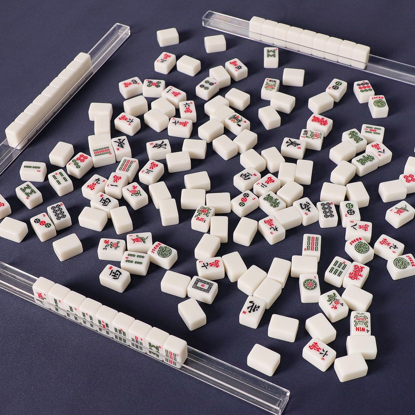 TIASUSAN Travel Mini American Mahjong Set — 166 White Tiles, 4 Racks, Blue Printed Bag