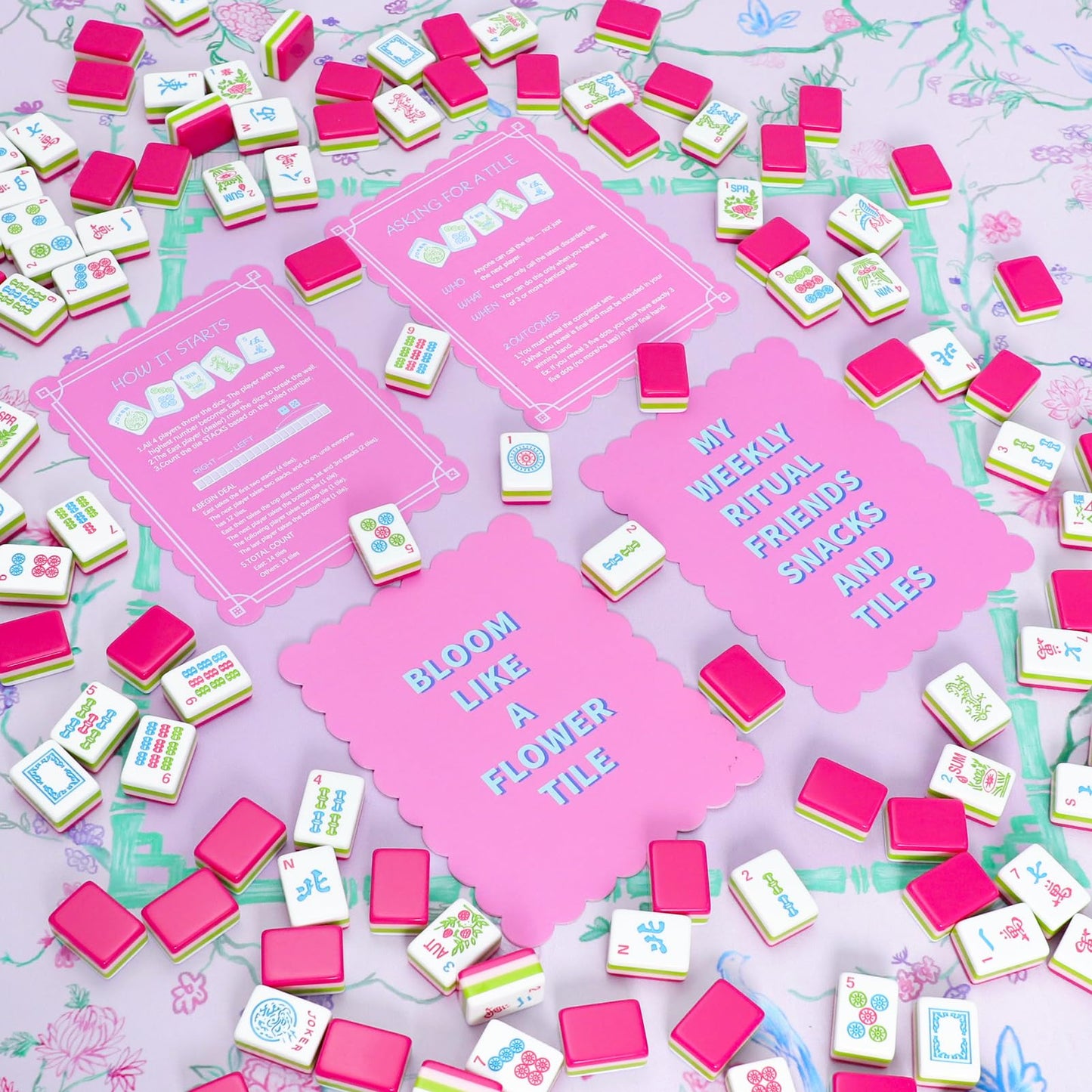 TIASUSAN 4-Piece Pink Printed Mahjong Tile Mixers with Instructions | Mahjong Shufflers