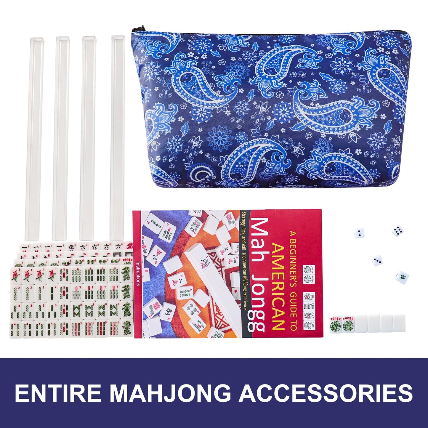 TIASUSAN Travel Mini American Mahjong Set — 166 White Tiles, 4 Racks, Blue Printed Bag