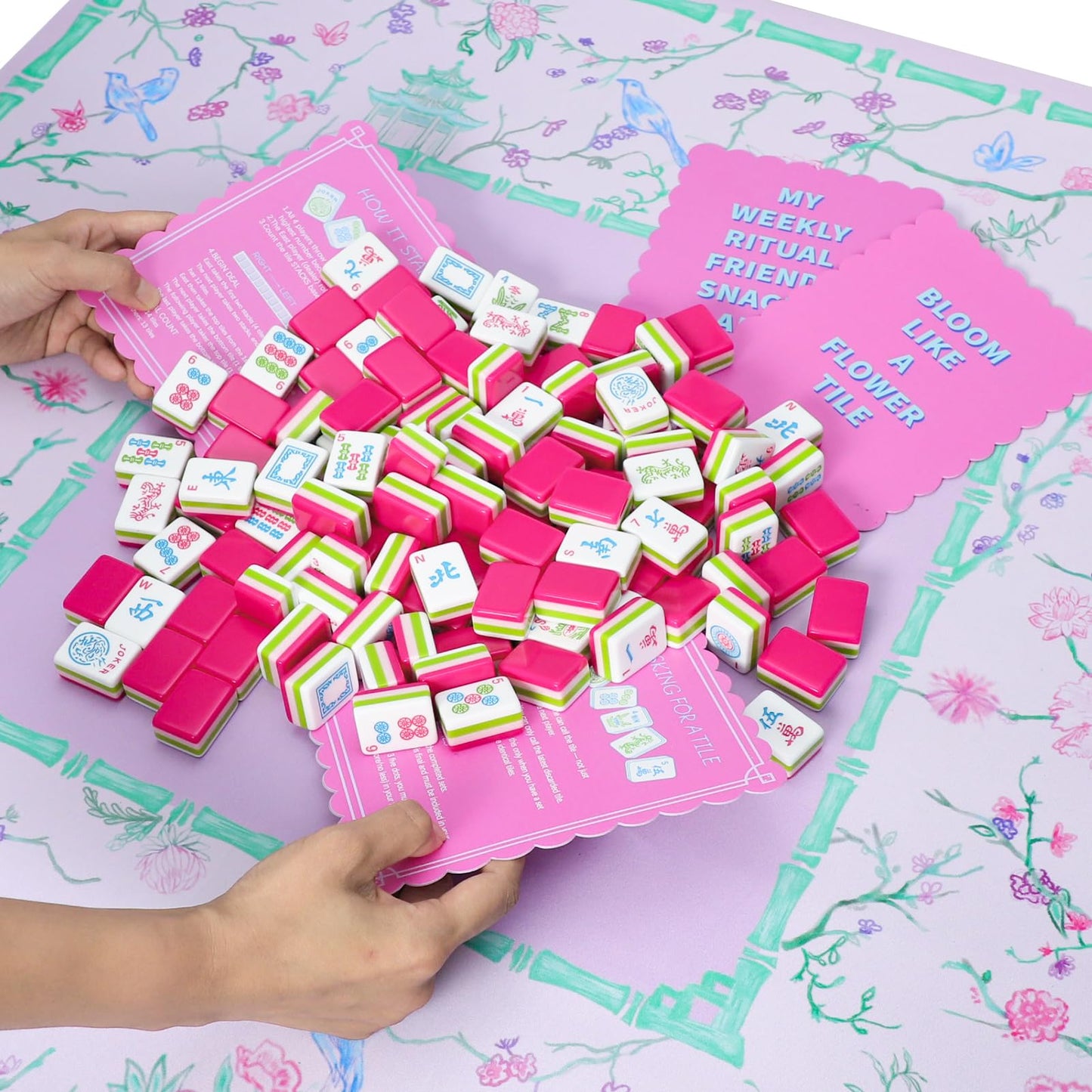 TIASUSAN 4-Piece Pink Printed Mahjong Tile Mixers with Instructions | Mahjong Shufflers