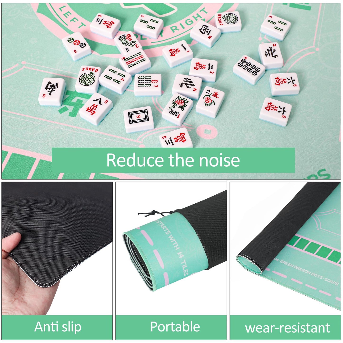 TIASUSAN Green Mahjong Learning Mat 33x33 in. with Carry Bag – Anti-Slip & Noise-Reducing