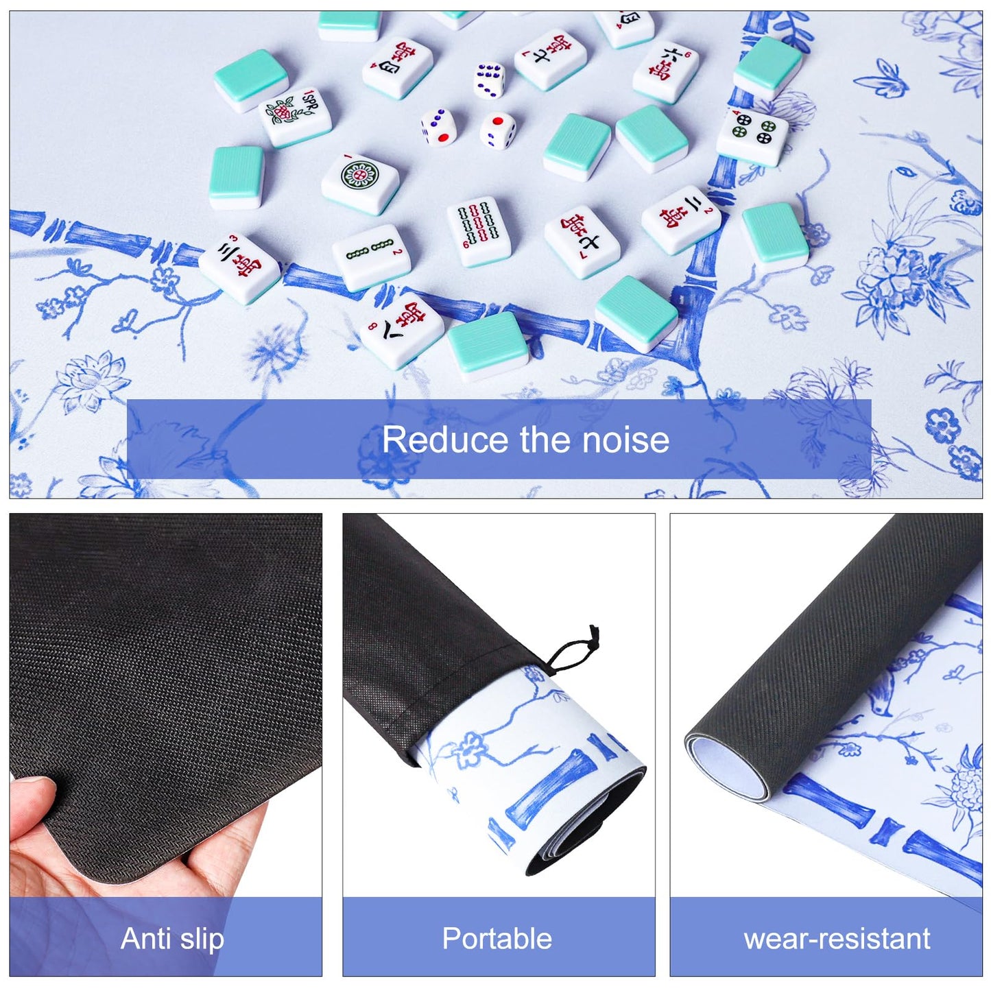 TIASUSAN Large Blue Mahjong Mat 31.5” x 31.5” with Carry Bag – Anti-Slip, Noise-Reducing Table Cover