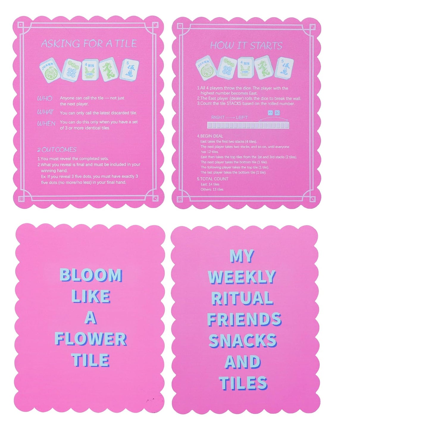 TIASUSAN 4-Piece Pink Printed Mahjong Tile Mixers with Instructions | Mahjong Shufflers