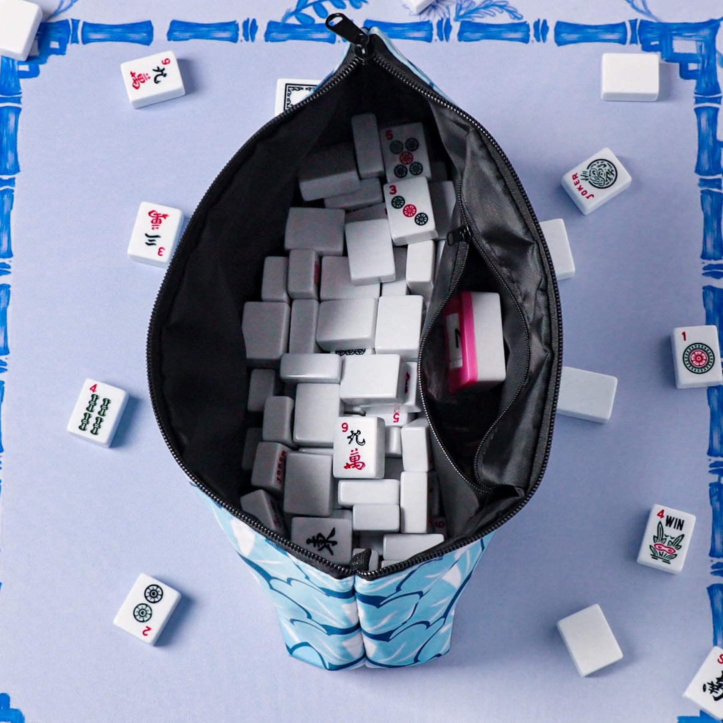TIASUSAN American Mahjong Empty Bag – Blue Printed Tile Case (13x7 Inches)