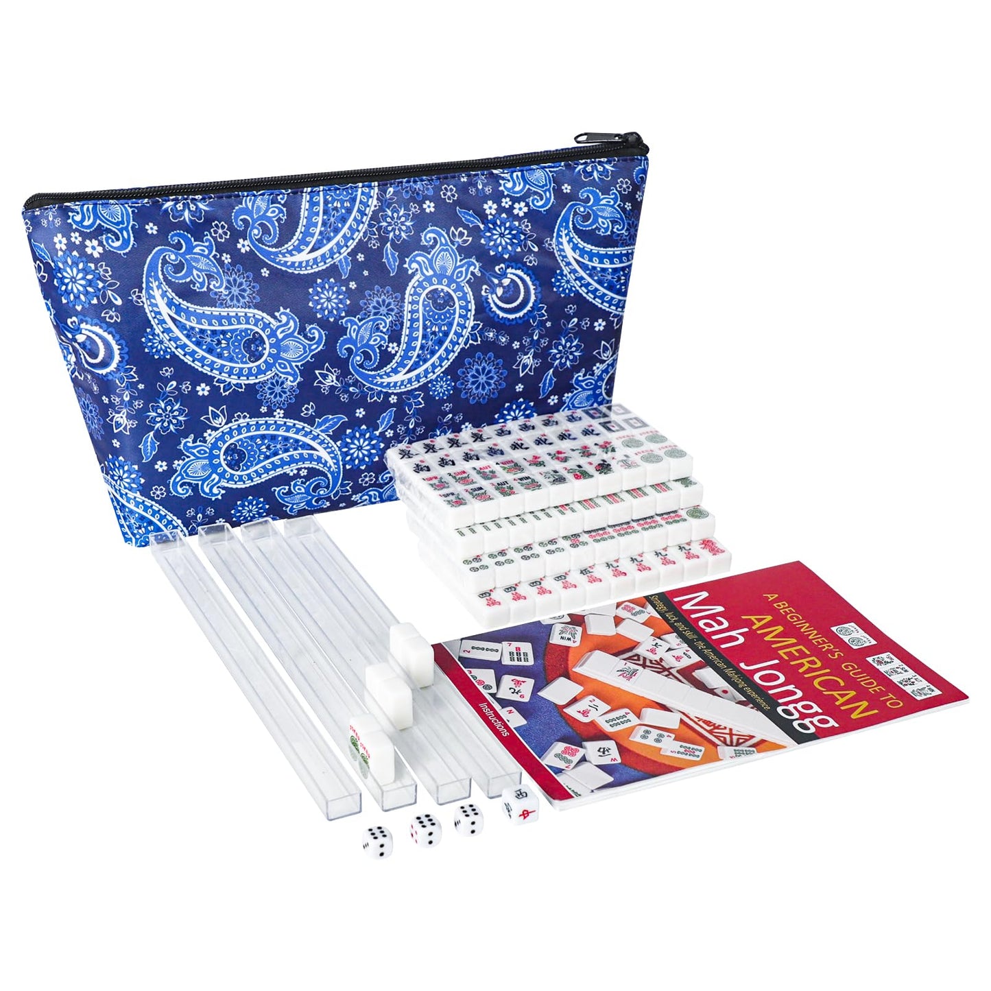 TIASUSAN Travel Mini American Mahjong Set — 166 White Tiles, 4 Racks, Blue Printed Bag