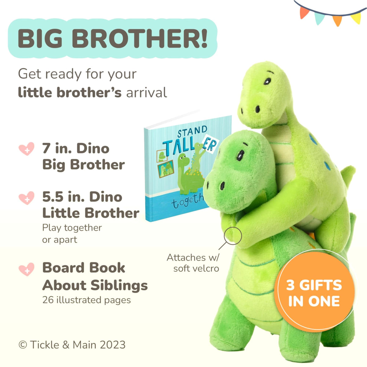 Tickle & Main Big Brother Dinosaur Plush Set – 3-Piece Sibling Gift with Stand Taller Together Book (Ages 2+)