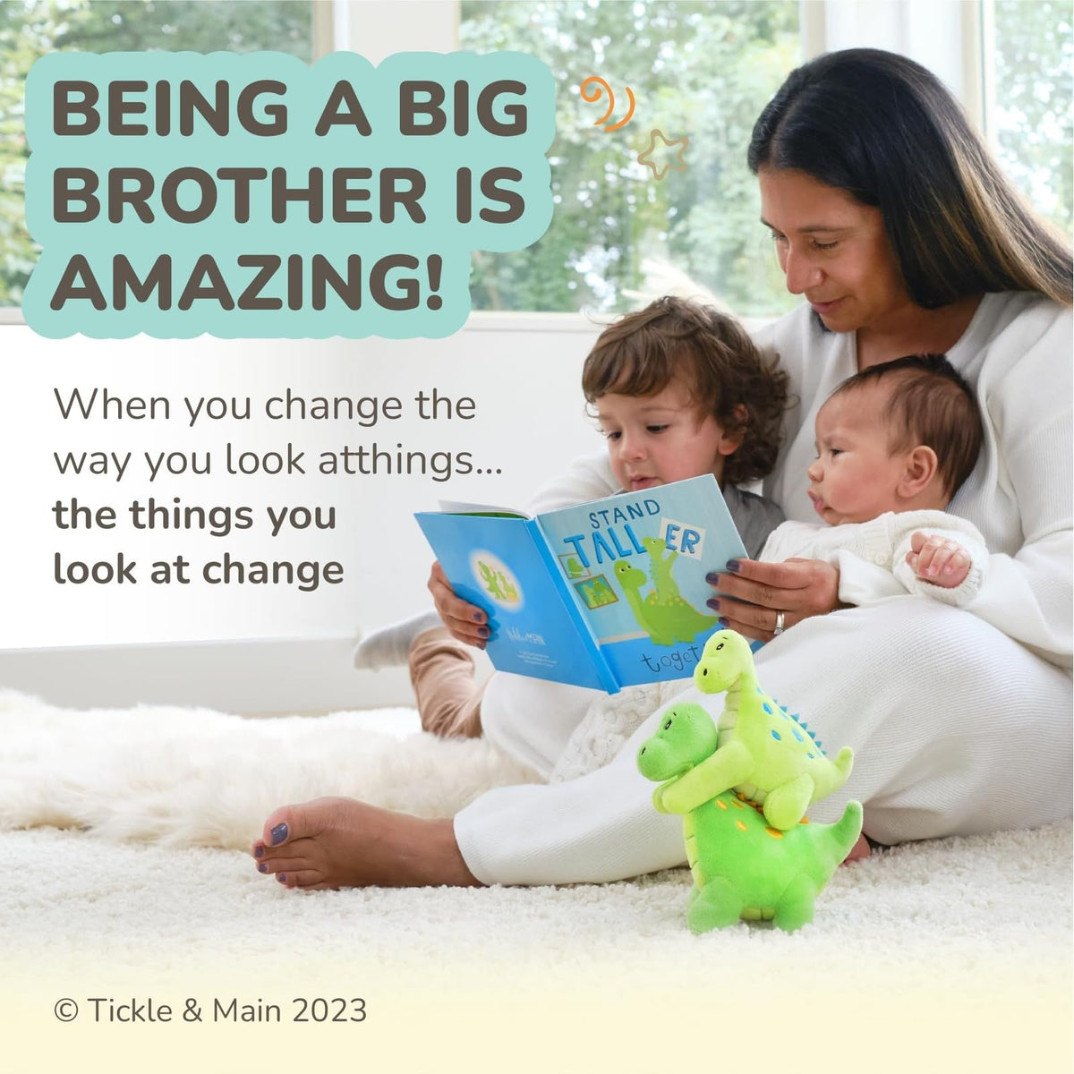 Tickle & Main Big Brother Dinosaur Plush Set – 3-Piece Sibling Gift with Stand Taller Together Book (Ages 2+)