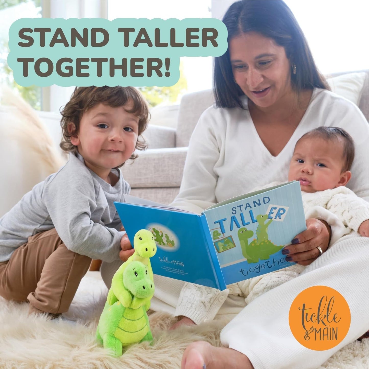 Tickle & Main Big Brother Dinosaur Plush Set – 3-Piece Sibling Gift with Stand Taller Together Book (Ages 2+)