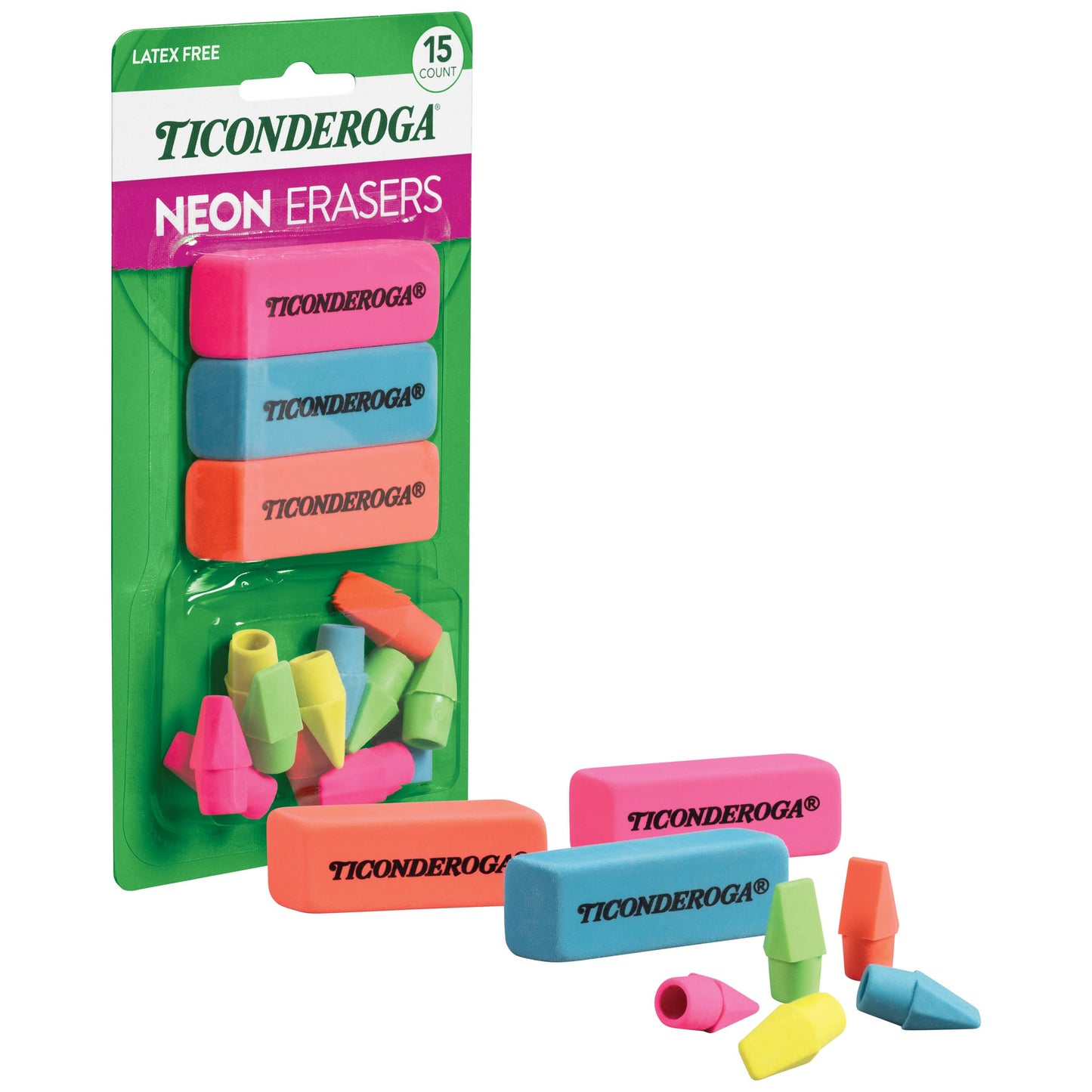 Ticonderoga Dixon Neon Erasers – 15-Piece Pencil Top & Hand-Held Set (38931) | Beveled, Latex-Free