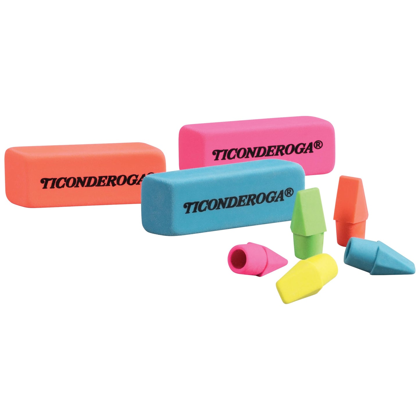 Ticonderoga Dixon Neon Erasers – 15-Piece Pencil Top & Hand-Held Set (38931) | Beveled, Latex-Free